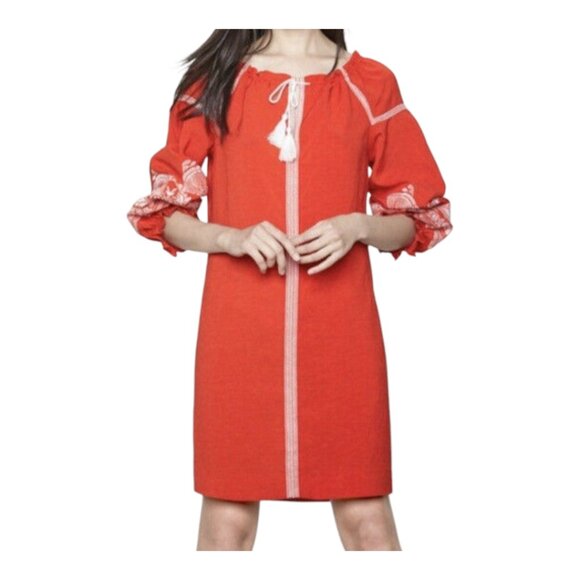 Maje Ramette Embroidered Long Sleeve Linen Blend Shift Dress Women's 1 / Small - Picture 2 of 10